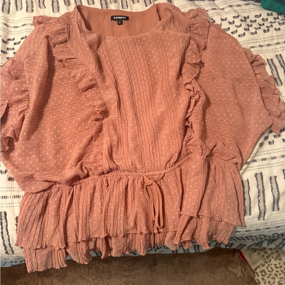 Express Pink Ruffled Smocked Blouse Short Sleeve